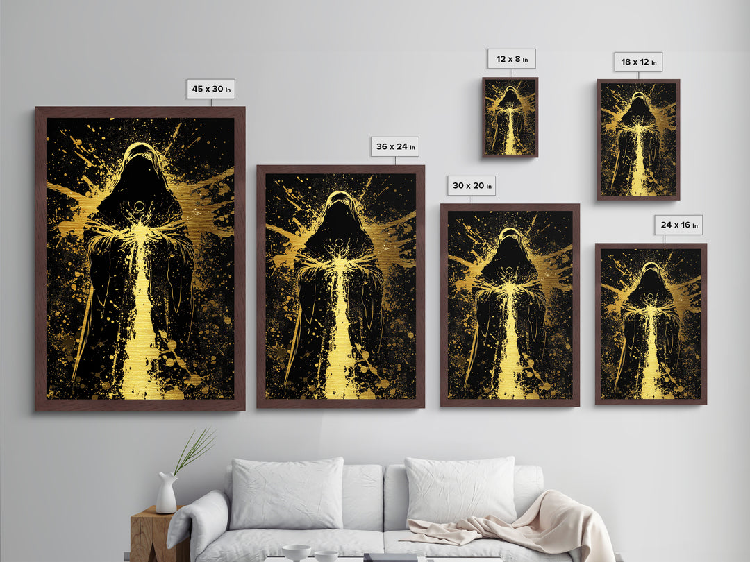 Gothic Reaper Metallic Gold Art | Spooky Halloween Metal Art on Black Canvas | Cloaked Horror Figure Framed in Natural Wood