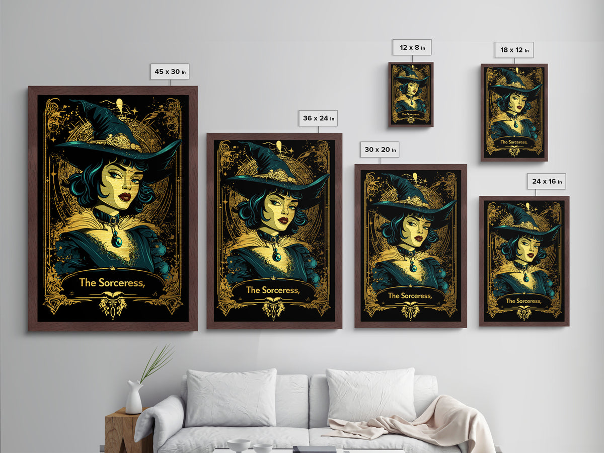 Witchy Portrait Metallic Gold Art | Gothic Sorceress Halloween Metal Art | Enchanted Spellcaster in Real Wood Frame