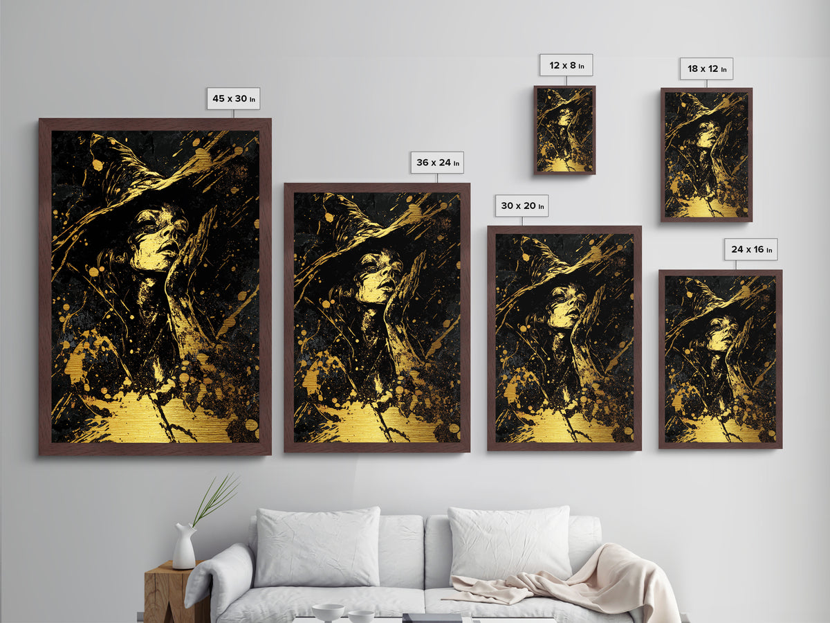 Witch in Shadows Metallic Gold Art | Gothic Halloween Metal Art | Enchanted Sorceress Design Mounted in Real Wood Frame