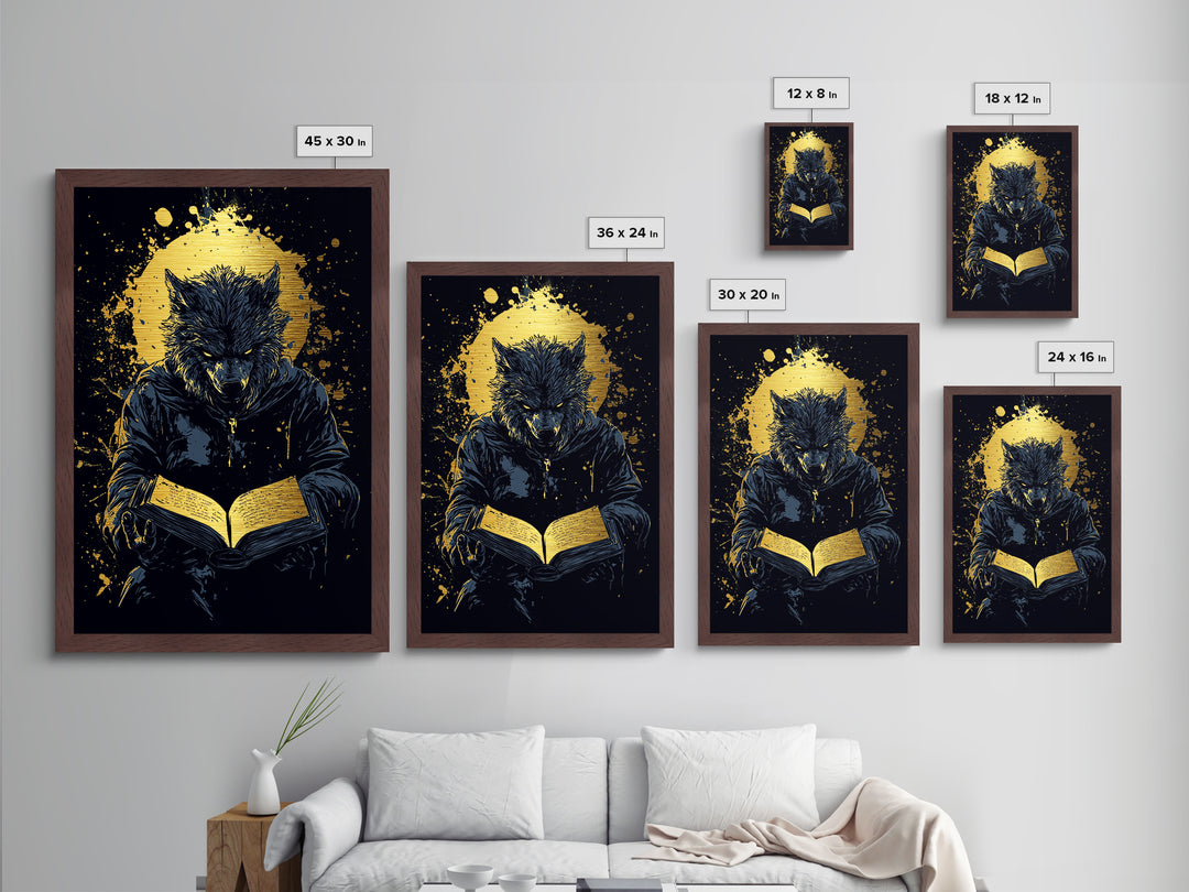 Werewolf Spellbook Metallic Gold Art | Gothic Horror Halloween Metal Art | Full Moon Creature Framed with Real Wood Finish