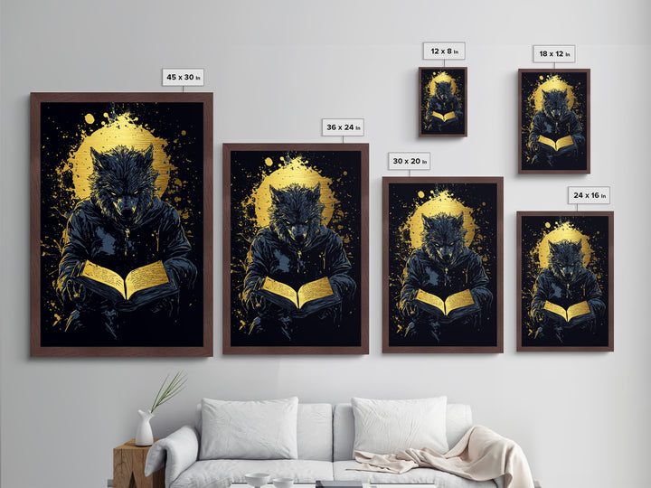 Werewolf Spellbook Metallic Gold Art | Gothic Horror Halloween Metal Art | Full Moon Creature Framed with Real Wood Finish
