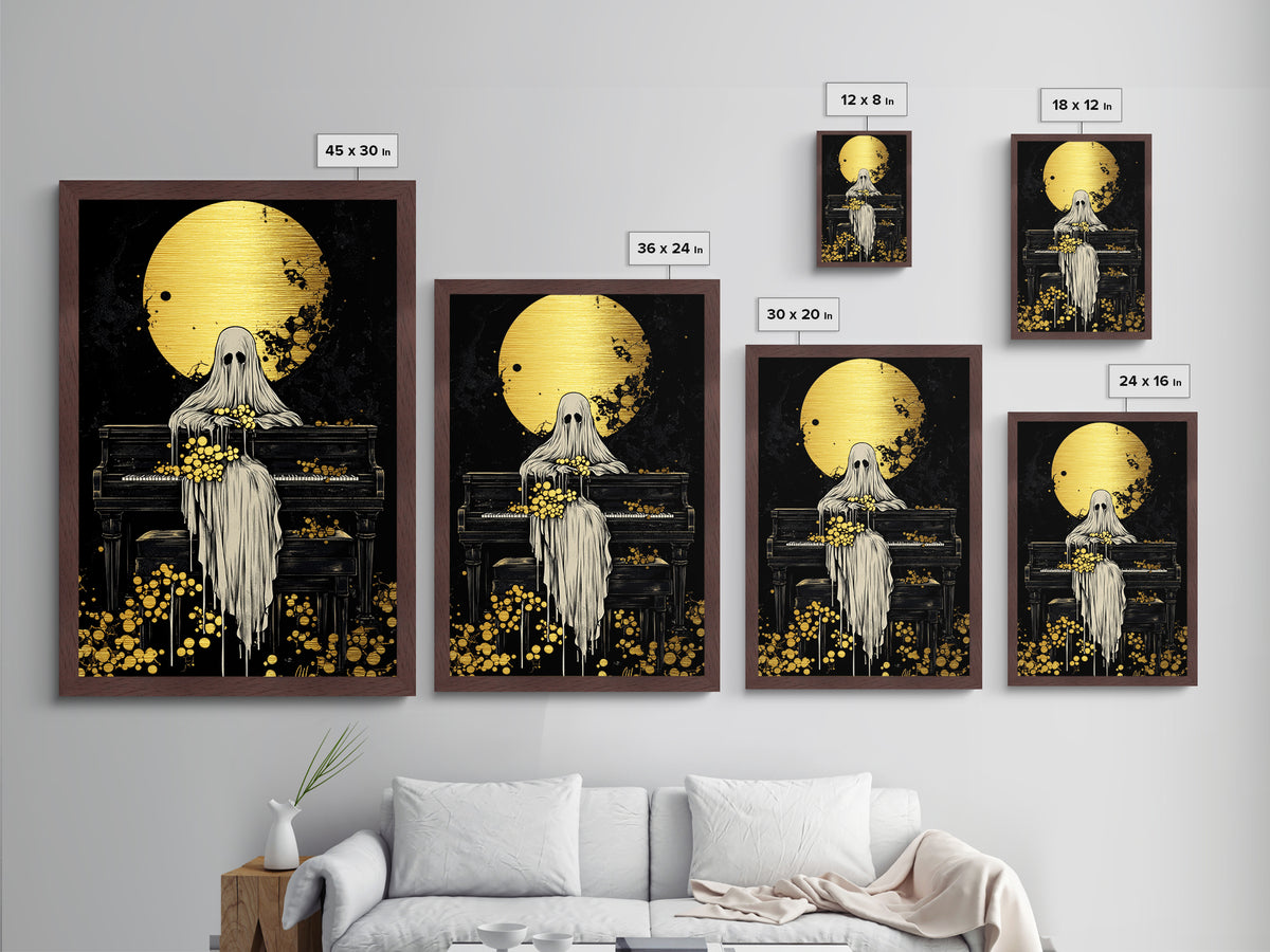 Ghost at Piano Metallic Gold Art | Creepy Gothic Halloween Metal Art | Haunted Spirit Music Scene Framed in Natural Wood