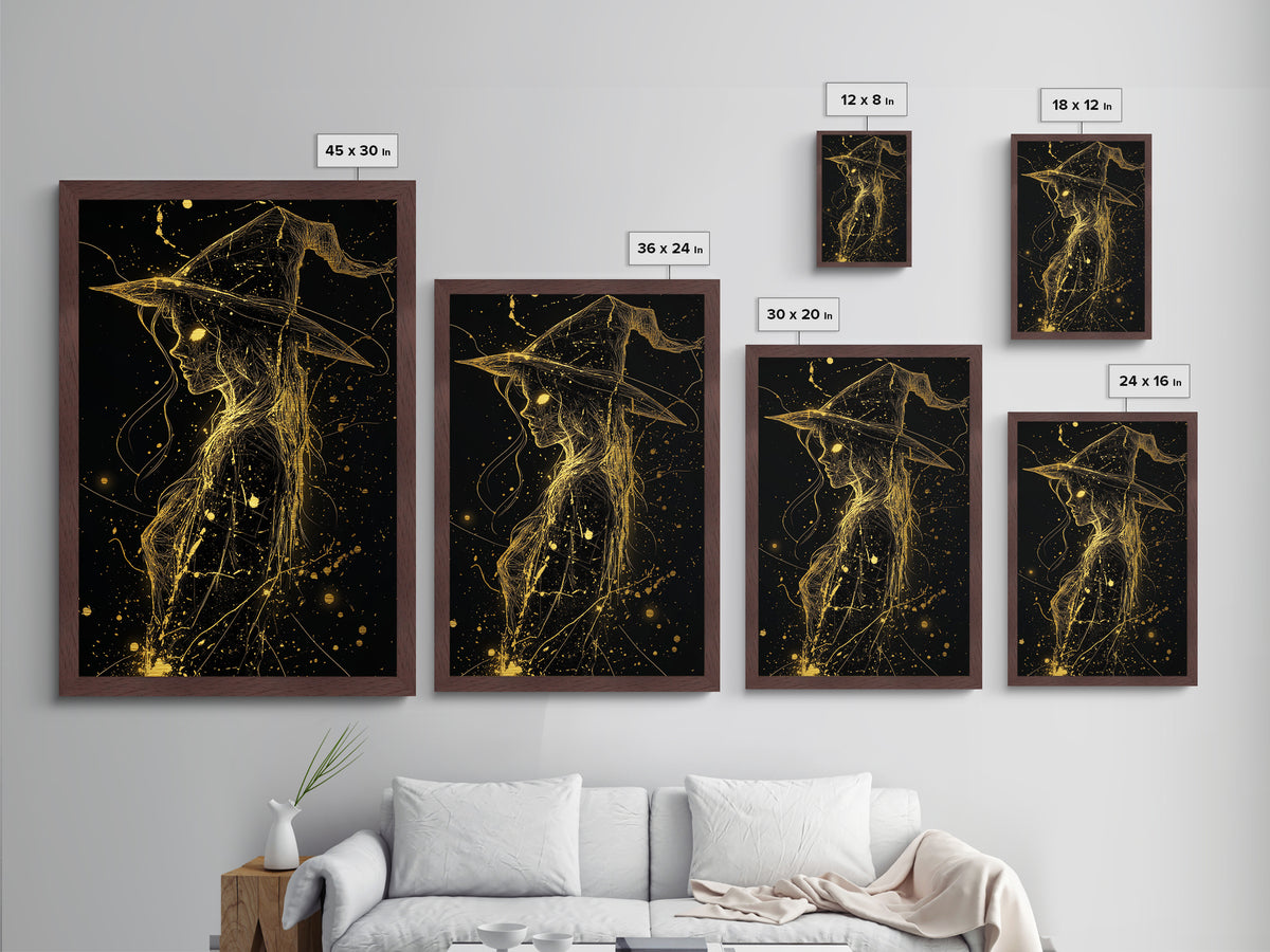Witch Silhouette Metallic Gold Art | Spooky Season Gothic Halloween Metal Art | Glowing Eyes Framed with Real Wood Detail
