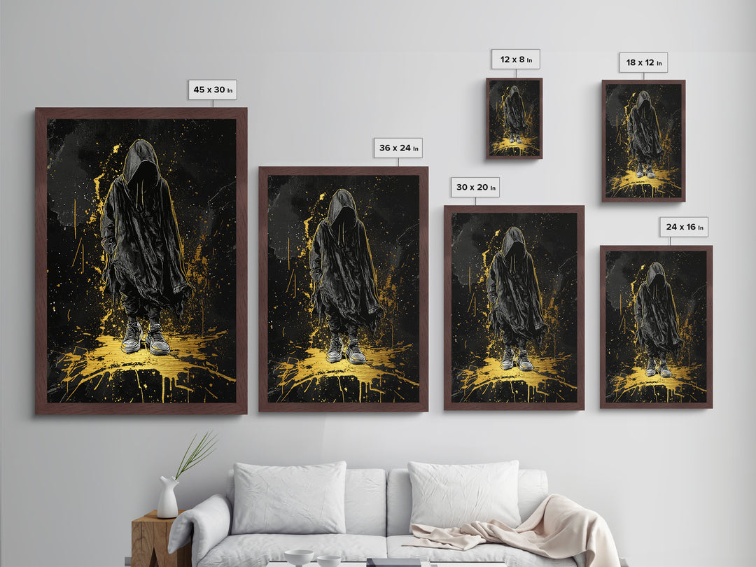 Metallic Gold Art Hooded Phantom Halloween Wall Art | Creepy Spooky Season Metal Art with Real Wood Frame | Haunted Horror Decor