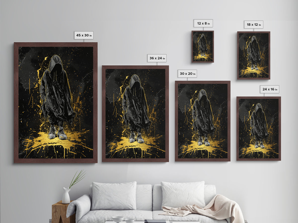 Metallic Gold Art Hooded Phantom Halloween Wall Art | Creepy Spooky Season Metal Art with Real Wood Frame | Haunted Horror Decor