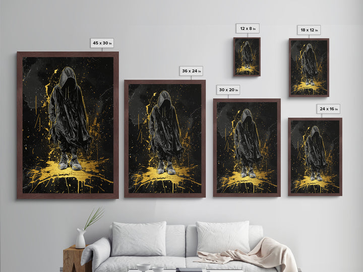 Metallic Gold Art Hooded Phantom Halloween Wall Art | Creepy Spooky Season Metal Art with Real Wood Frame | Haunted Horror Decor