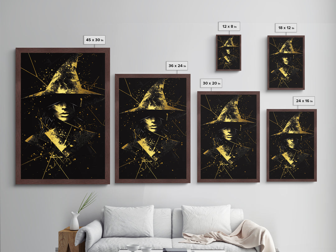 Mystic Witch Metallic Gold Art | Gothic Halloween Metal Art | Witchy Abstract Portrait with Hat Framed in Natural Wood
