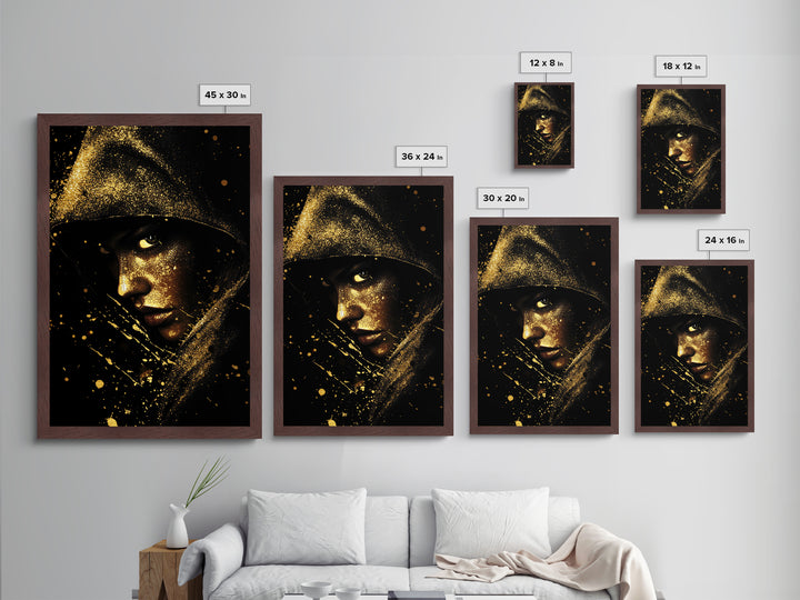Creepy Gothic Hooded Witch Portrait Metallic Gold Art Metal Art Halloween Horror Artwork with Real Wood Framing