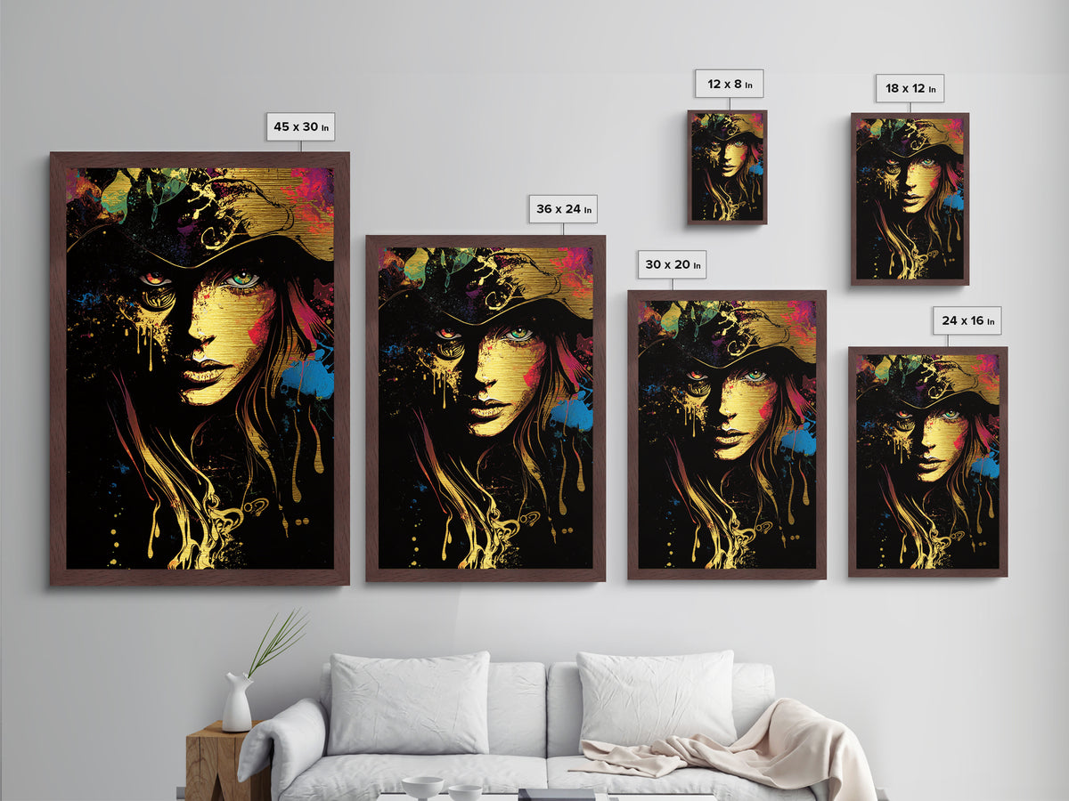 Halloween Horror Witch Face Metallic Gold Art Metal Art Spooky Gothic Haunted Artwork Framed with Natural Wood