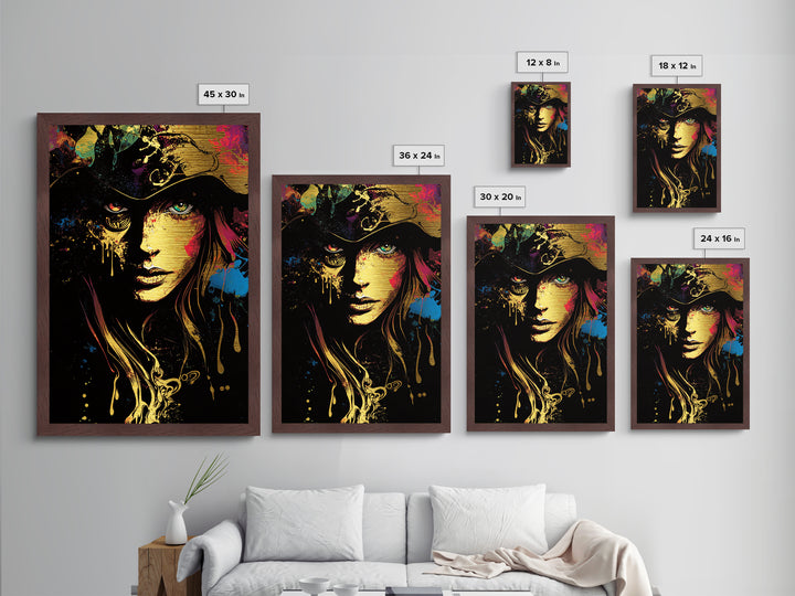 Halloween Horror Witch Face Metallic Gold Art Metal Art Spooky Gothic Haunted Artwork Framed with Natural Wood