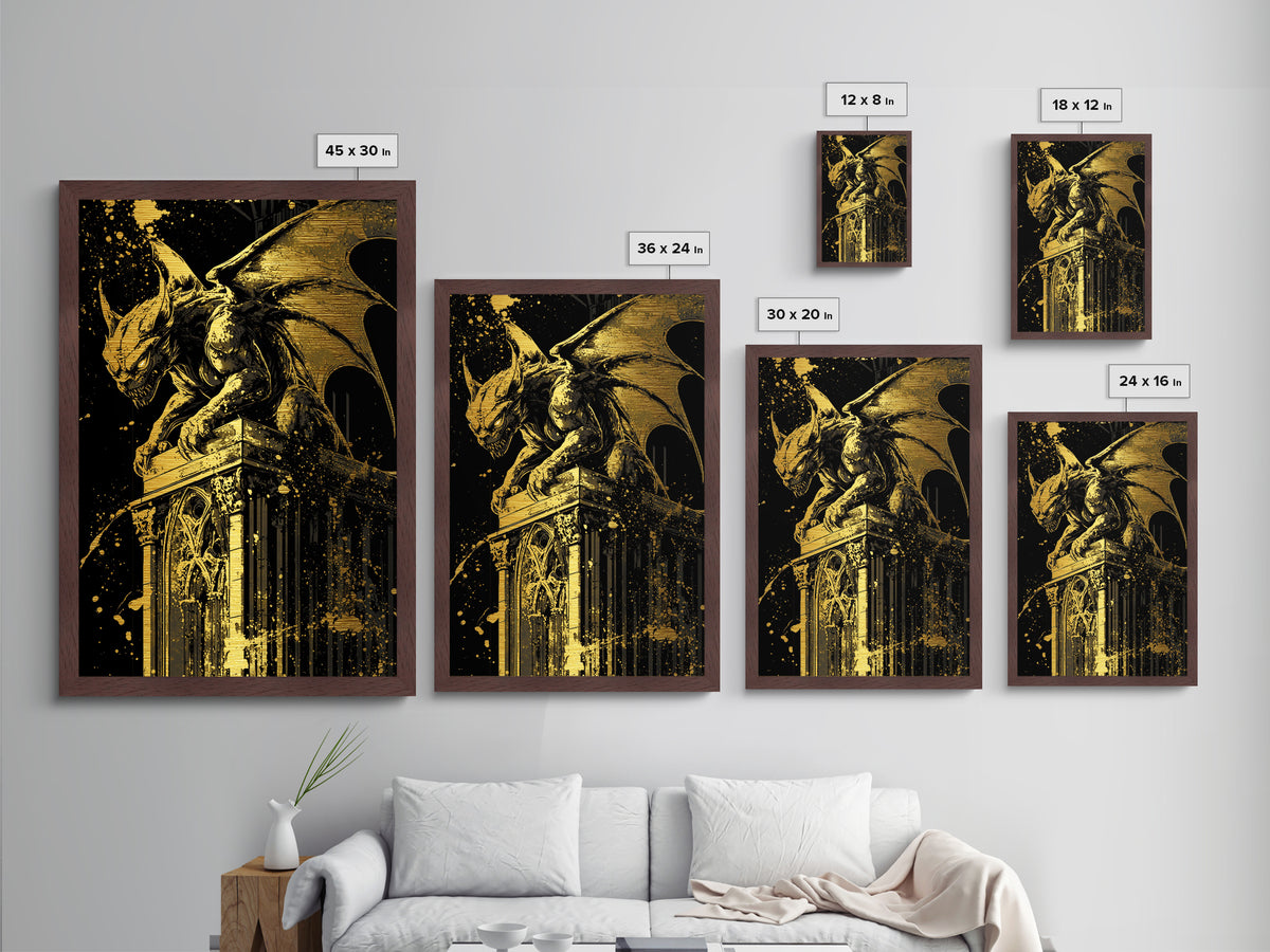 Metallic Gold Art Gargoyle Halloween Wall Art | Gothic Monster Metal Art with Real Wood Frame | Spooky Dark Fantasy Haunted Decor