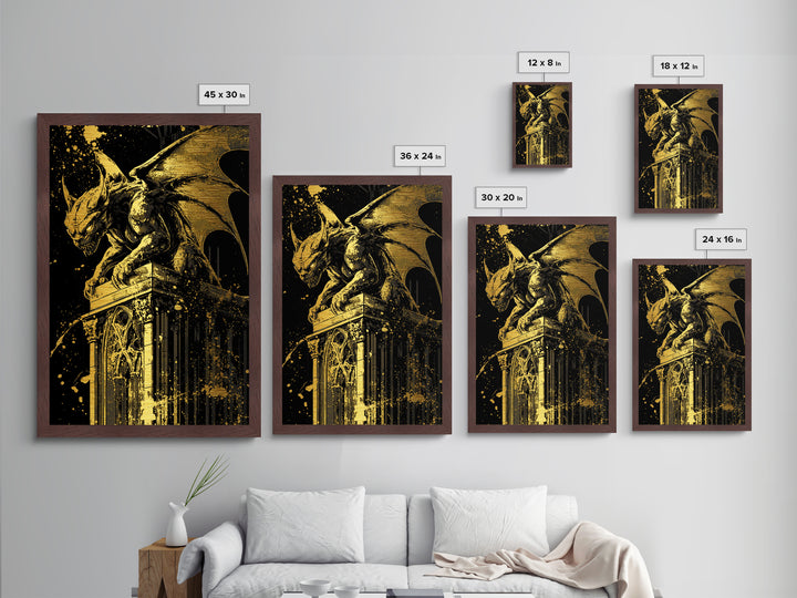 Metallic Gold Art Gargoyle Halloween Wall Art | Gothic Monster Metal Art with Real Wood Frame | Spooky Dark Fantasy Haunted Decor