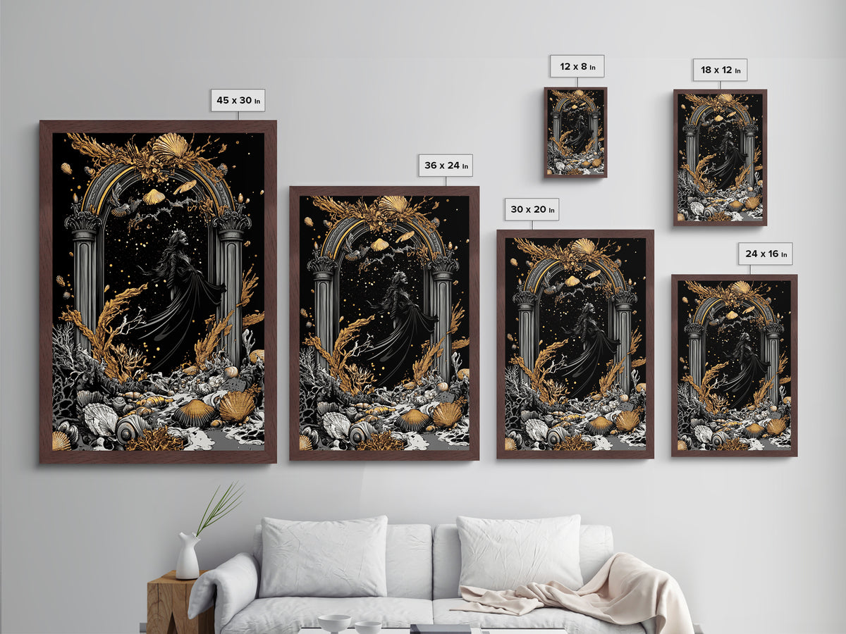 Gothic Arch Witch Metallic Gold Art | Haunted Coral Sea Metal Art | Halloween Wall Décor Framed in Real Wood