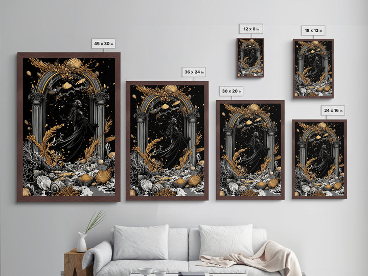 Gothic Arch Witch Metallic Gold Art | Haunted Coral Sea Metal Art | Halloween Wall Décor Framed in Real Wood