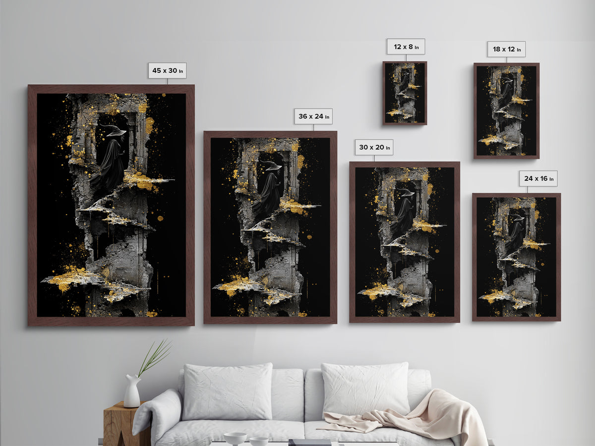 Witch in Ruins Metallic Gold Art | Haunted Staircase Gothic Metal Art | Spooky Halloween Wall Hanging with Real Wood Frame