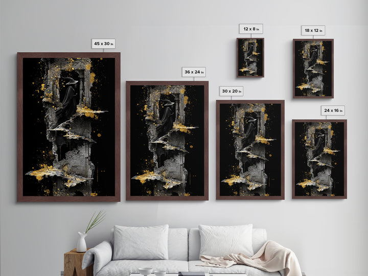Witch in Ruins Metallic Gold Art | Haunted Staircase Gothic Metal Art | Spooky Halloween Wall Hanging with Real Wood Frame