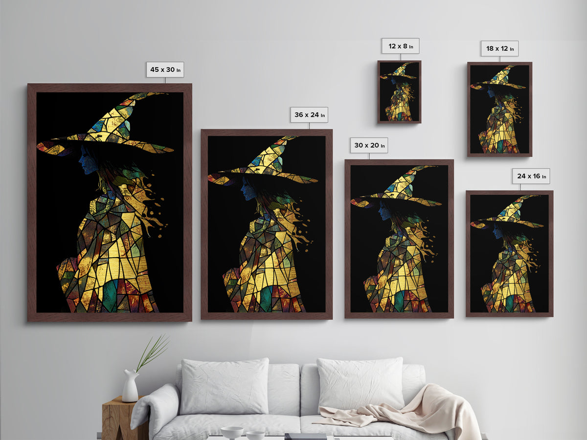 Stained Glass Witch Silhouette | Vibrant Halloween Metallic Gold Art | Witchy Metal Art in Natural Wood Frame