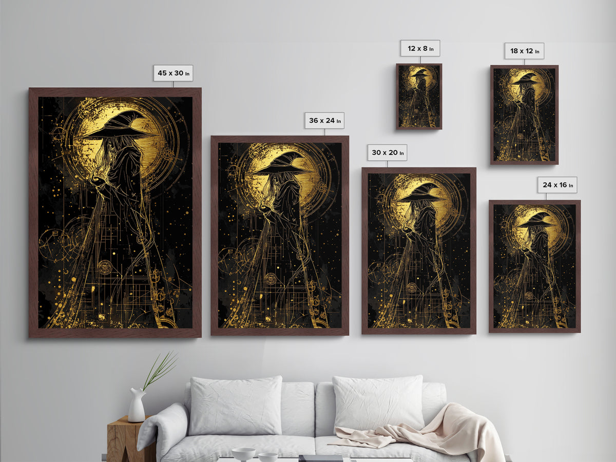 Celestial Witch Metallic Gold Art | Occult Magic Circles Metal Art | Gothic Halloween Wall Print with Real Wood Frame