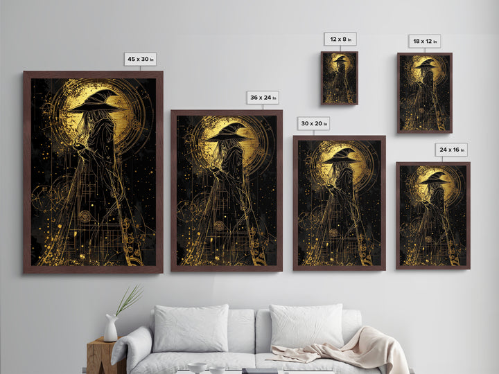 Celestial Witch Metallic Gold Art | Occult Magic Circles Metal Art | Gothic Halloween Wall Print with Real Wood Frame