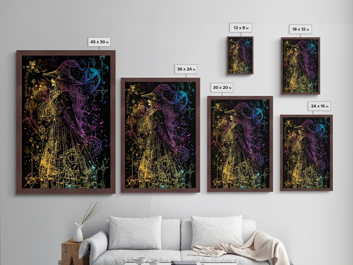 Rainbow Witch Aura Metallic Gold Art | Spooky Sorcery Metal Art | Halloween Witch Wall Décor Framed in Natural Wood