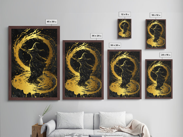 Witch Casting Spell Metallic Gold Art | Enchanted Magic Circle Metal Art | Gothic Halloween Wall Hanging with Wood Frame