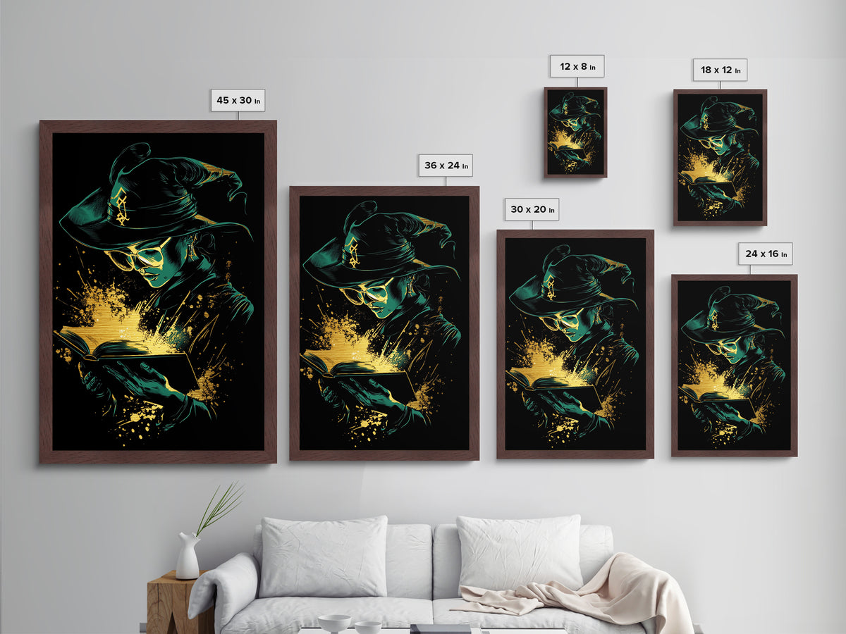 Witch Reading Spellbook Metallic Gold Art | Gothic Sorcery Metal Art | Halloween Wall Décor in Framed Real Wood