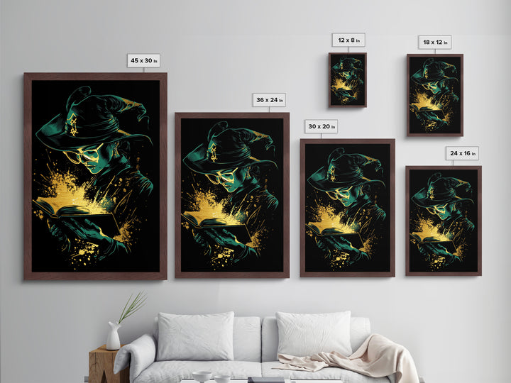 Witch Reading Spellbook Metallic Gold Art | Gothic Sorcery Metal Art | Halloween Wall Décor in Framed Real Wood
