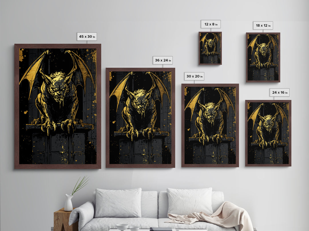 Metallic Gold Art Gargoyle Statue Halloween Wall Decor | Scary Gothic Metal Art with Real Wood Frame | Dark Spooky Haunted Artwork