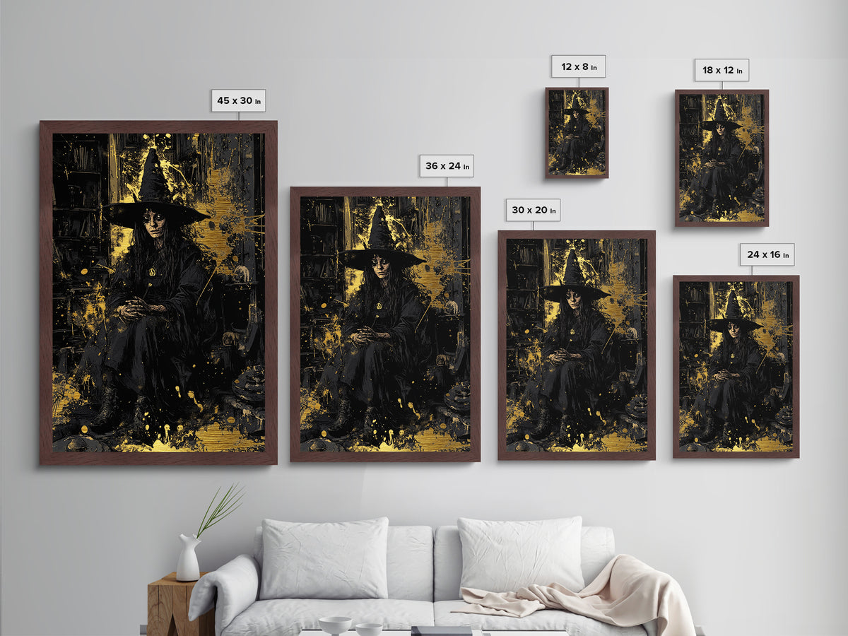 Dark Gothic Witch Metallic Gold Art | Spooky Sorceress Metal Art | Halloween Wall Hanging with Real Wood Frame