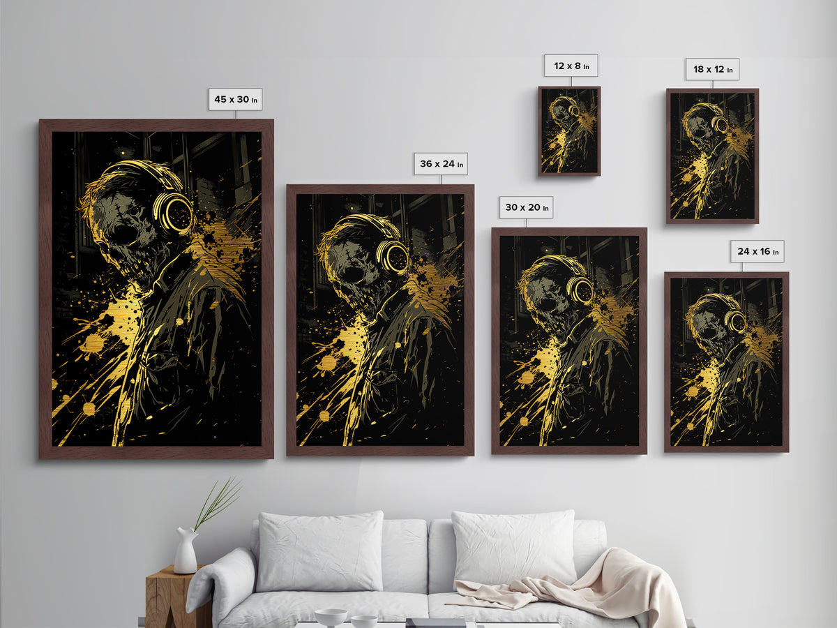 Haunted Skull With Headphones Metallic Gold Art, Creepy Music Lover Metal Art In Real Wood Frame, Gothic Horror Halloween Decor