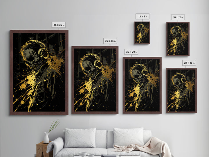 Haunted Skull With Headphones Metallic Gold Art, Creepy Music Lover Metal Art In Real Wood Frame, Gothic Horror Halloween Decor