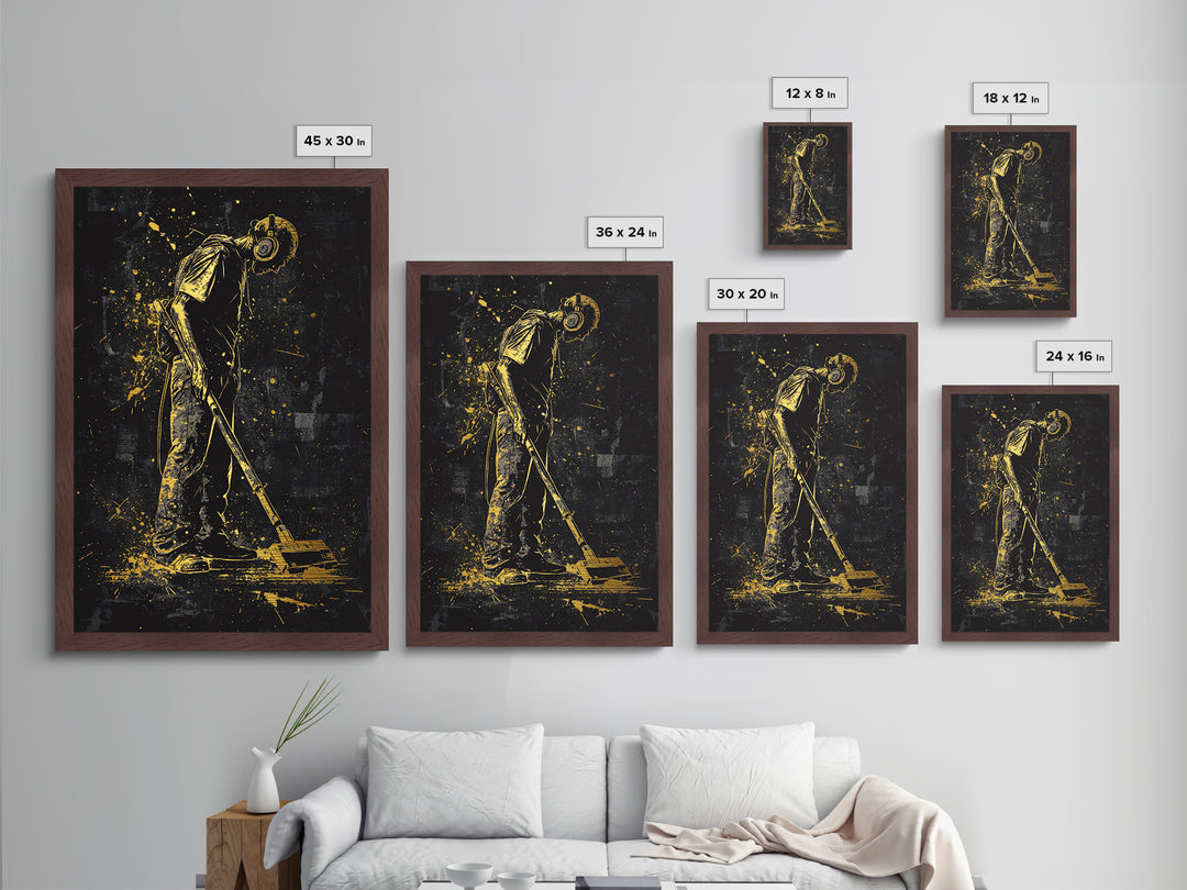 Zombie Janitor Spooky Metallic Gold Art, Dark Halloween Metal Art Wall Print With Real Wood Framing, Haunted Horror Home Accent
