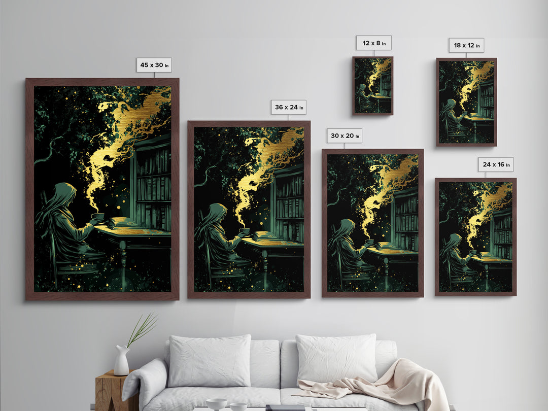 Mystical Witch Reading Metallic Gold Art, Spooky Gothic Library Scene Metal Art In Handcrafted Real Wood Frame For Halloween