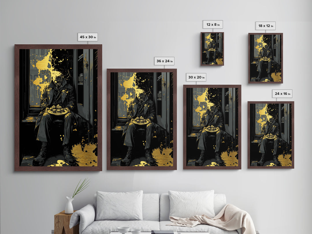 Dark Masked Stranger With Cupcakes Metallic Gold Art, Gothic Horror Metal Art Halloween Accent Framed In Authentic Wood Frame