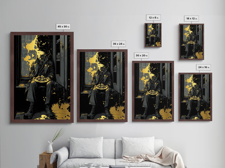 Dark Masked Stranger With Cupcakes Metallic Gold Art, Gothic Horror Metal Art Halloween Accent Framed In Authentic Wood Frame