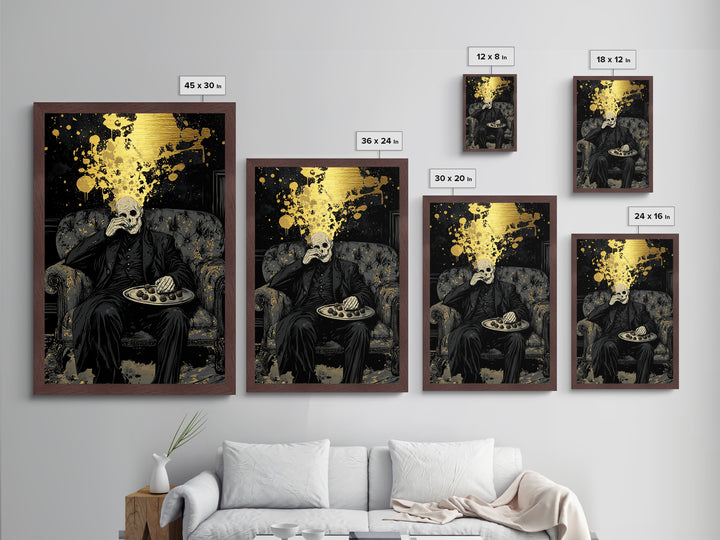 Skeletal Host Metallic Gold Art Metal Art Haunted Gothic Halloween Portrait Print with Wood Frame for Spooky Macabre Decor