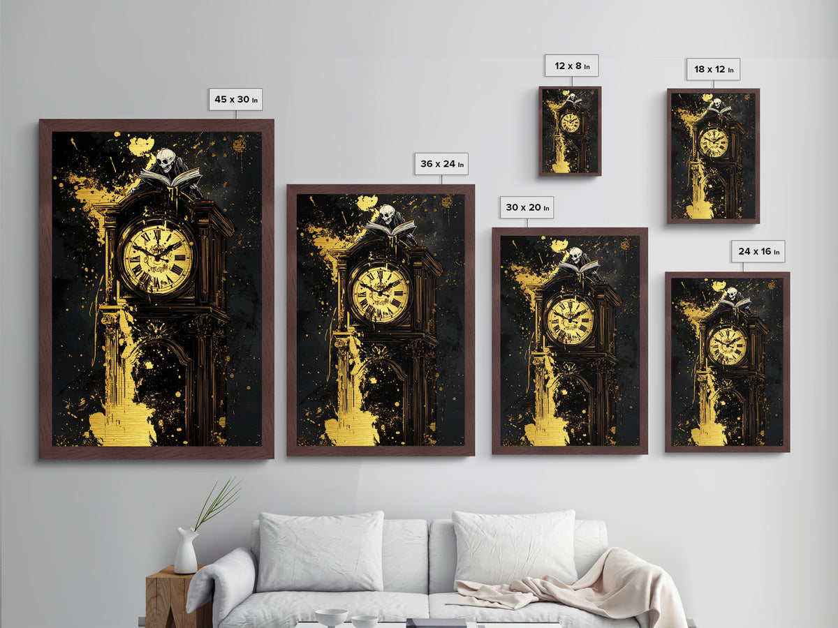 Haunted Grandfather Clock Metallic Gold Art Metal Art Gothic Halloween Decor Framed in Natural Real Wood for Spooky Home