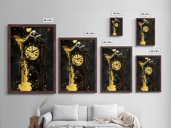 Haunted Grandfather Clock Metallic Gold Art Metal Art Gothic Halloween Decor Framed in Natural Real Wood for Spooky Home