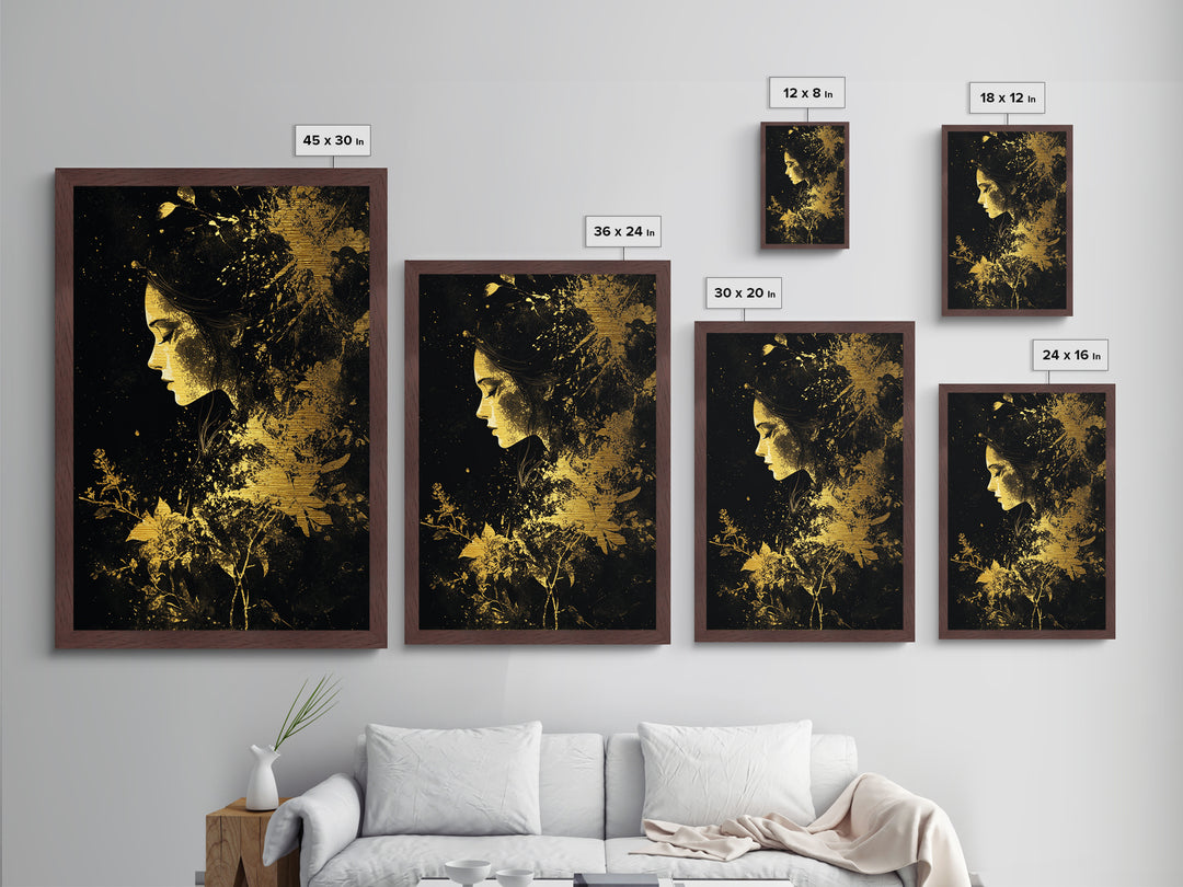 Metallic Gold Art Haunted Floral Woman Wall Decor | Spooky Witchy Metal Art with Real Wood Frame | Halloween Gothic Dark Bloom Design