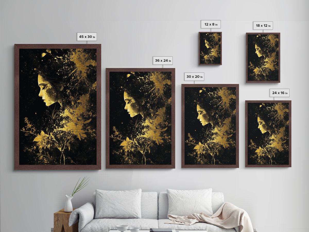 Metallic Gold Art Haunted Floral Woman Wall Decor | Spooky Witchy Metal Art with Real Wood Frame | Halloween Gothic Dark Bloom Design