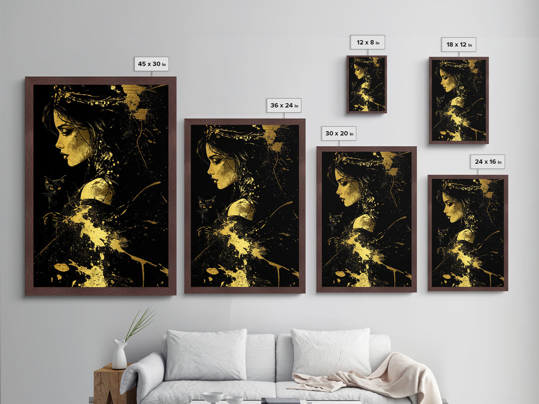 Metallic Gold Art Witch with Black Cat Halloween Wall Art | Spooky Gothic Metal Art with Real Wood Frame | Haunted Dark Witch Decor
