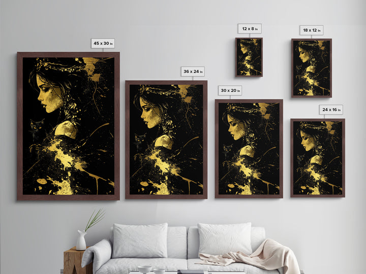 Metallic Gold Art Witch with Black Cat Halloween Wall Art | Spooky Gothic Metal Art with Real Wood Frame | Haunted Dark Witch Decor