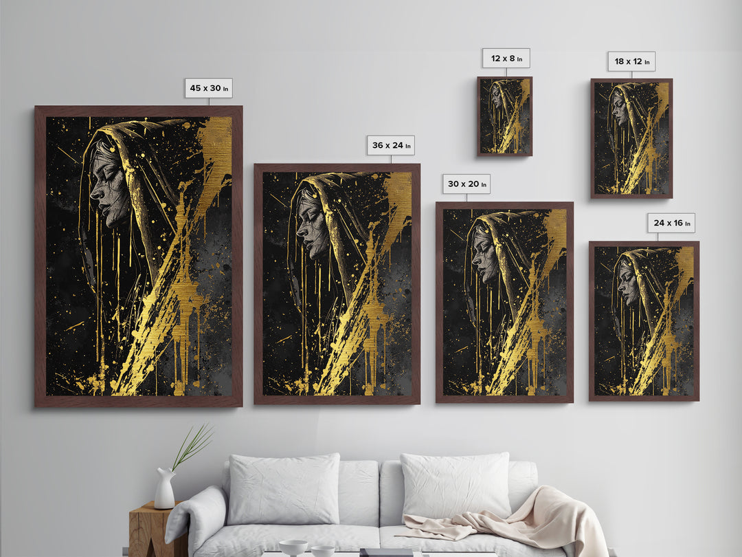 Haunted Hooded Woman Portrait Metallic Gold Art Metal Art, Gothic Halloween Wall Decor Framed in Natural Real Wood