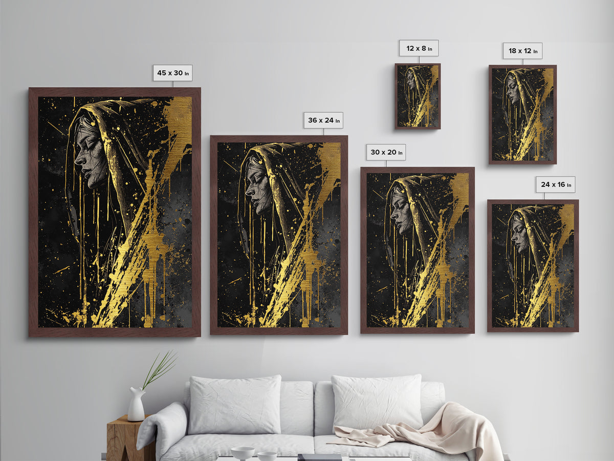 Haunted Hooded Woman Portrait Metallic Gold Art Metal Art, Gothic Halloween Wall Decor Framed in Natural Real Wood
