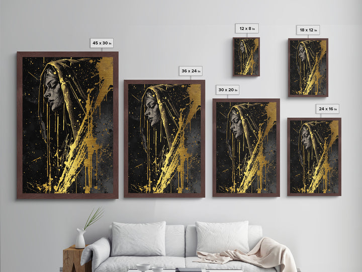 Haunted Hooded Woman Portrait Metallic Gold Art Metal Art, Gothic Halloween Wall Decor Framed in Natural Real Wood