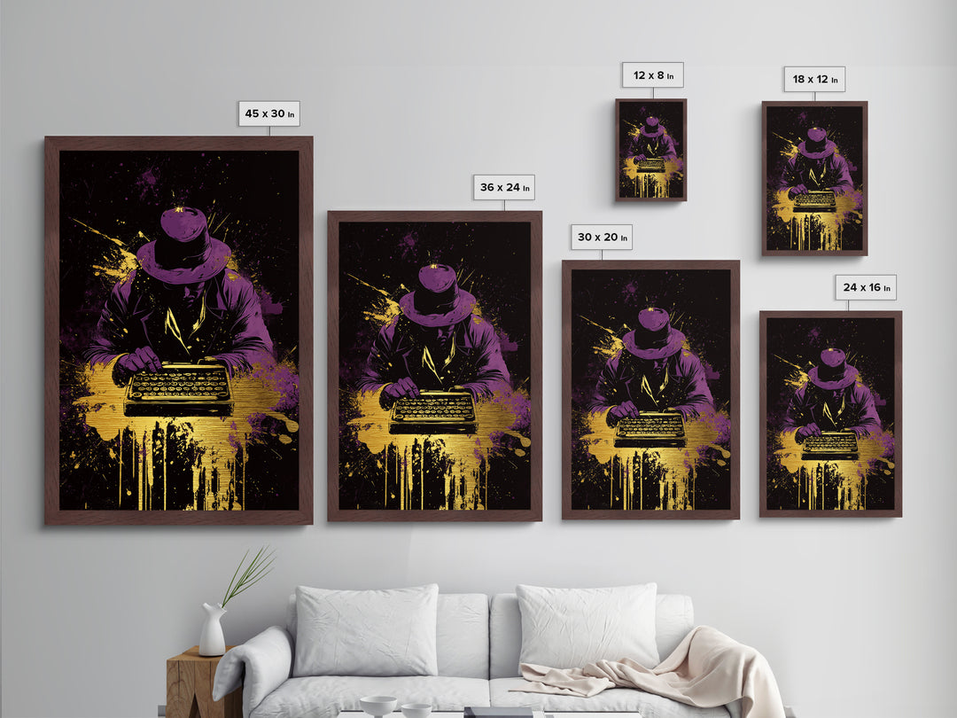 Noir Detective Writer Metallic Gold Art Metal Art, Spooky Halloween Mystery Decor with Solid Real Wood Frame