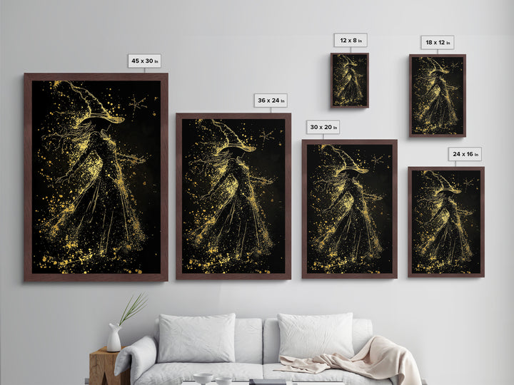 Witchy Woman Dancing Metallic Gold Art Metal Art, Enchanted Spooky Season Wall Print Framed in Genuine Wood