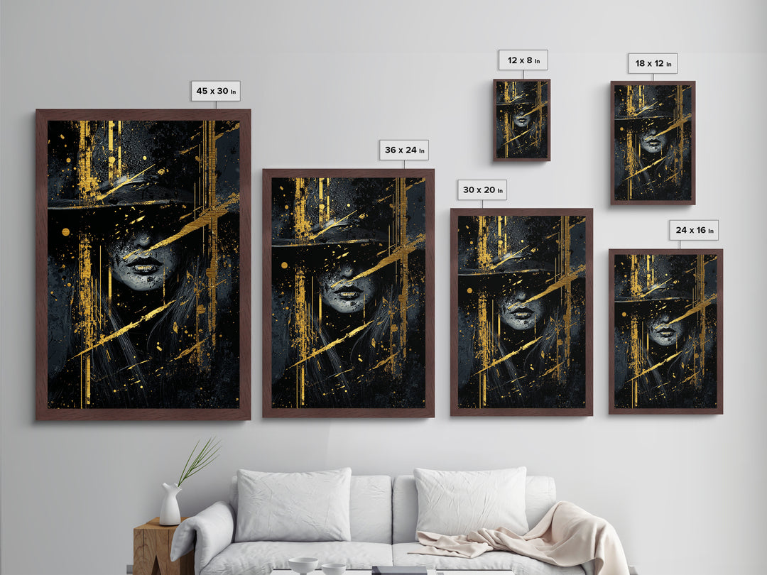 Haunted Witch Metallic Gold Art Metal Art, Gothic Horror Halloween Wall Print with Real Wood Frame Design