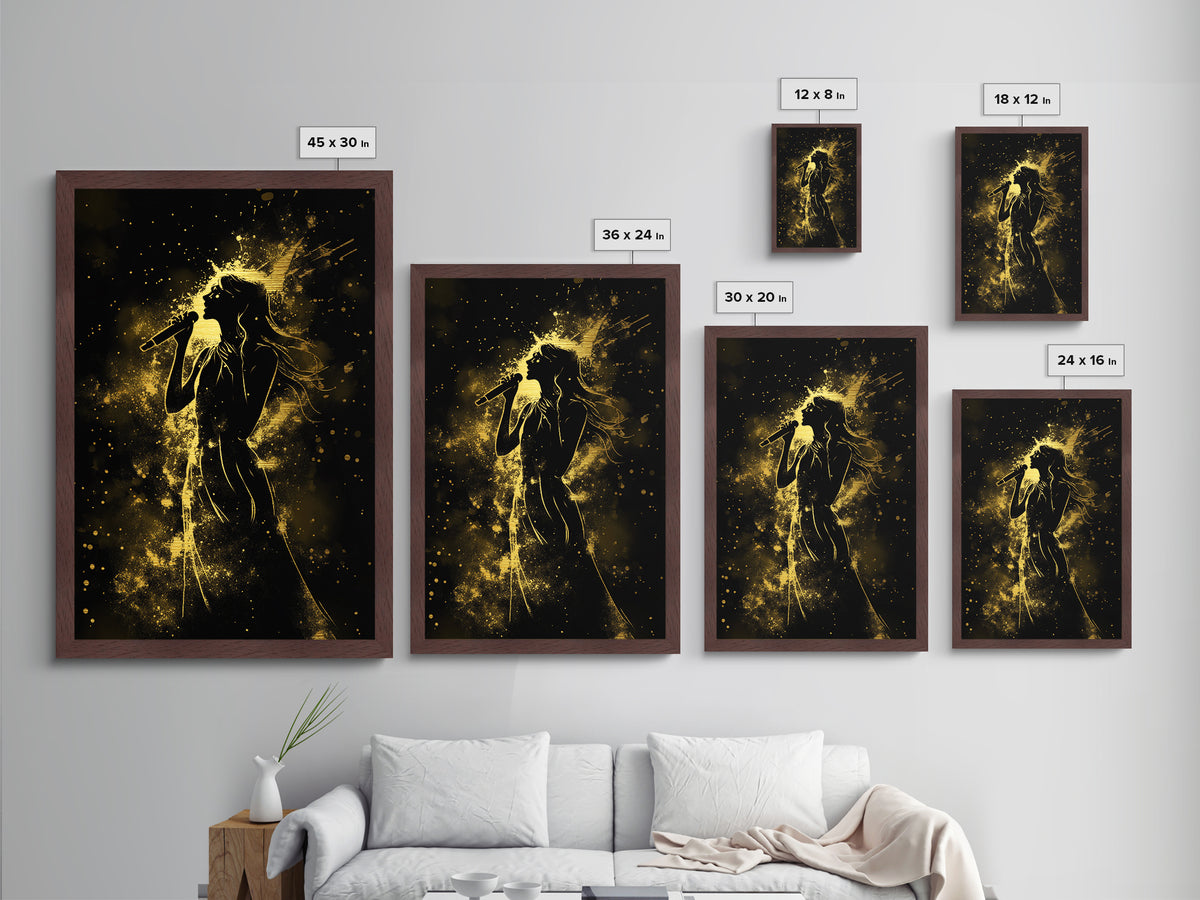 Singer in Starburst Gold Light – Metallic Gold Art, Spooky Halloween Metal Art with Real Wood Frame, Musical Halloween Wall Print