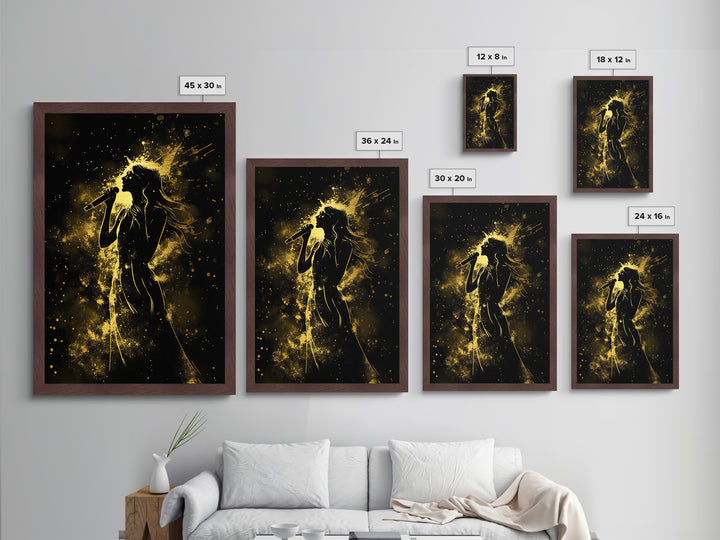 Singer in Starburst Gold Light – Metallic Gold Art, Spooky Halloween Metal Art with Real Wood Frame, Musical Halloween Wall Print